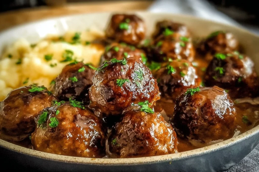 Salisbury steak meatballs served with gravy and mashed potatoes.