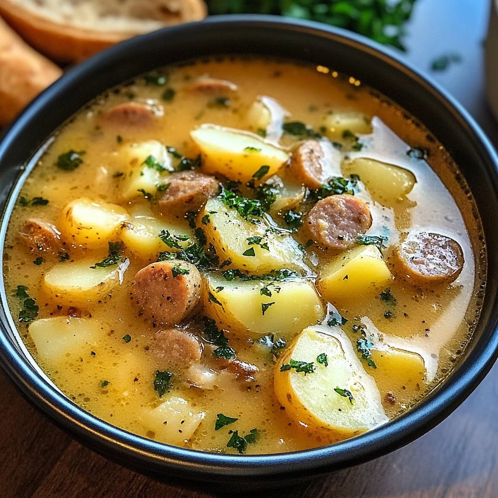 Delicious bowl of sausage and potato soup garnished with herbs