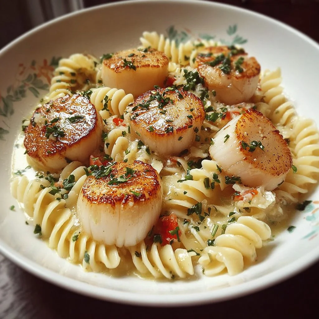 Plate of creamy scallop pasta topped with parsley and lemon zest.