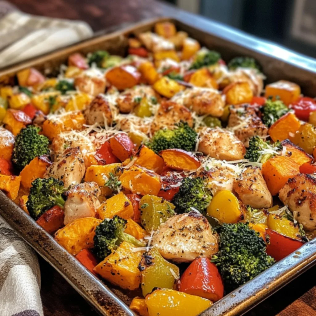 Sheet Pan Chicken alongside vibrant rainbow vegetables for a wholesome meal.