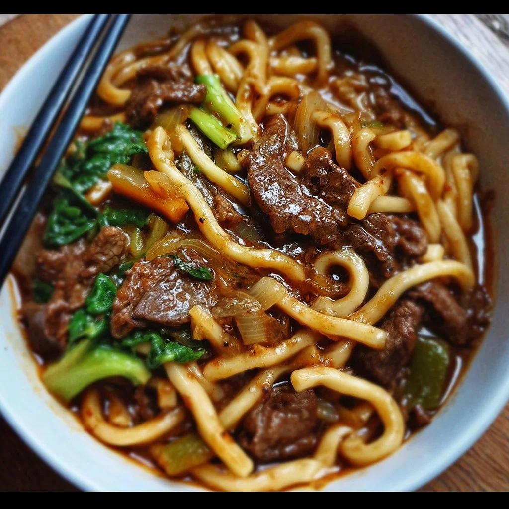 Delicious black pepper beef udon served in a bowl with fresh vegetables and noodles.