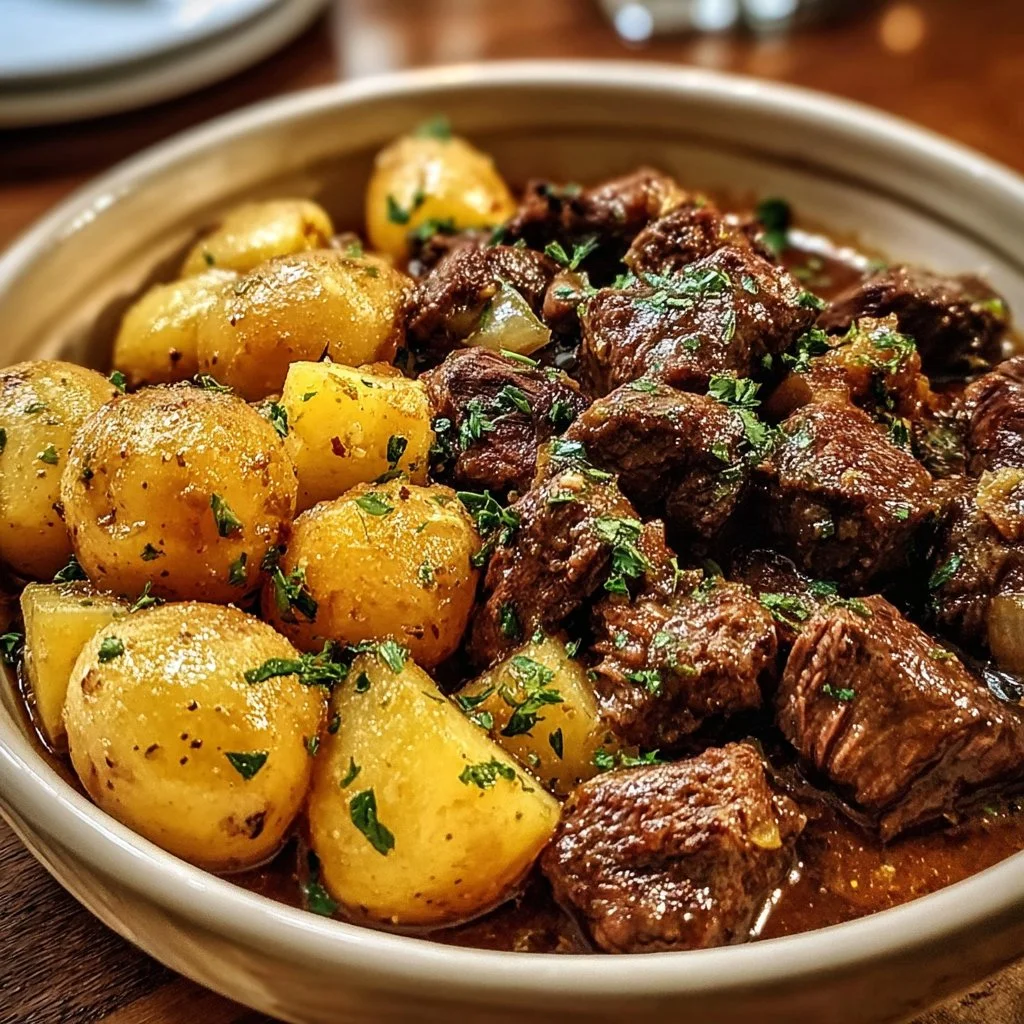 Delicious slow cooker garlic butter beef bites with potatoes