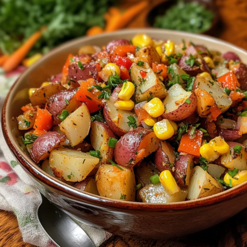 Bowl of Southwest Roasted Potato Salad with colorful veggies and herbs