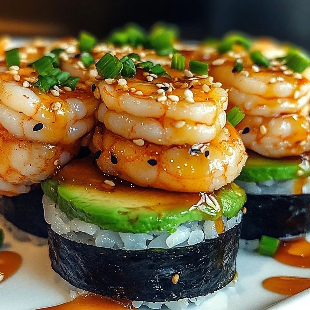 Delicious spicy shrimp sushi stacks garnished with vegetables.