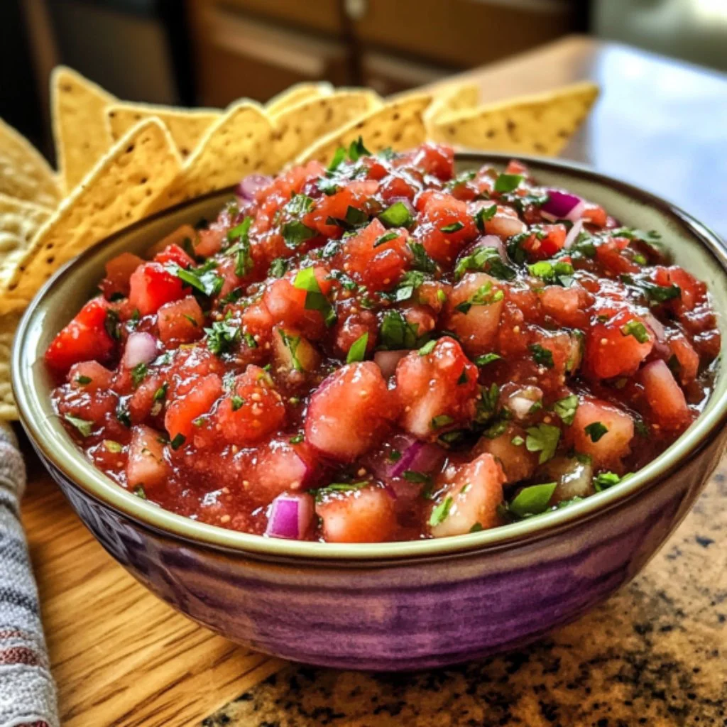 Delicious and colorful Strawberry Salsa served in a bowl