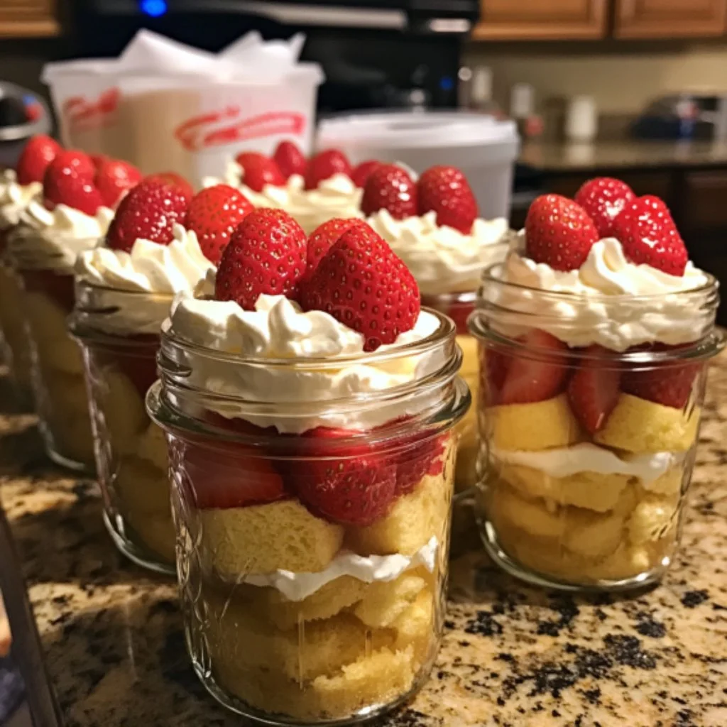Delicious strawberry shortcake jars with layers of cake and fresh strawberries