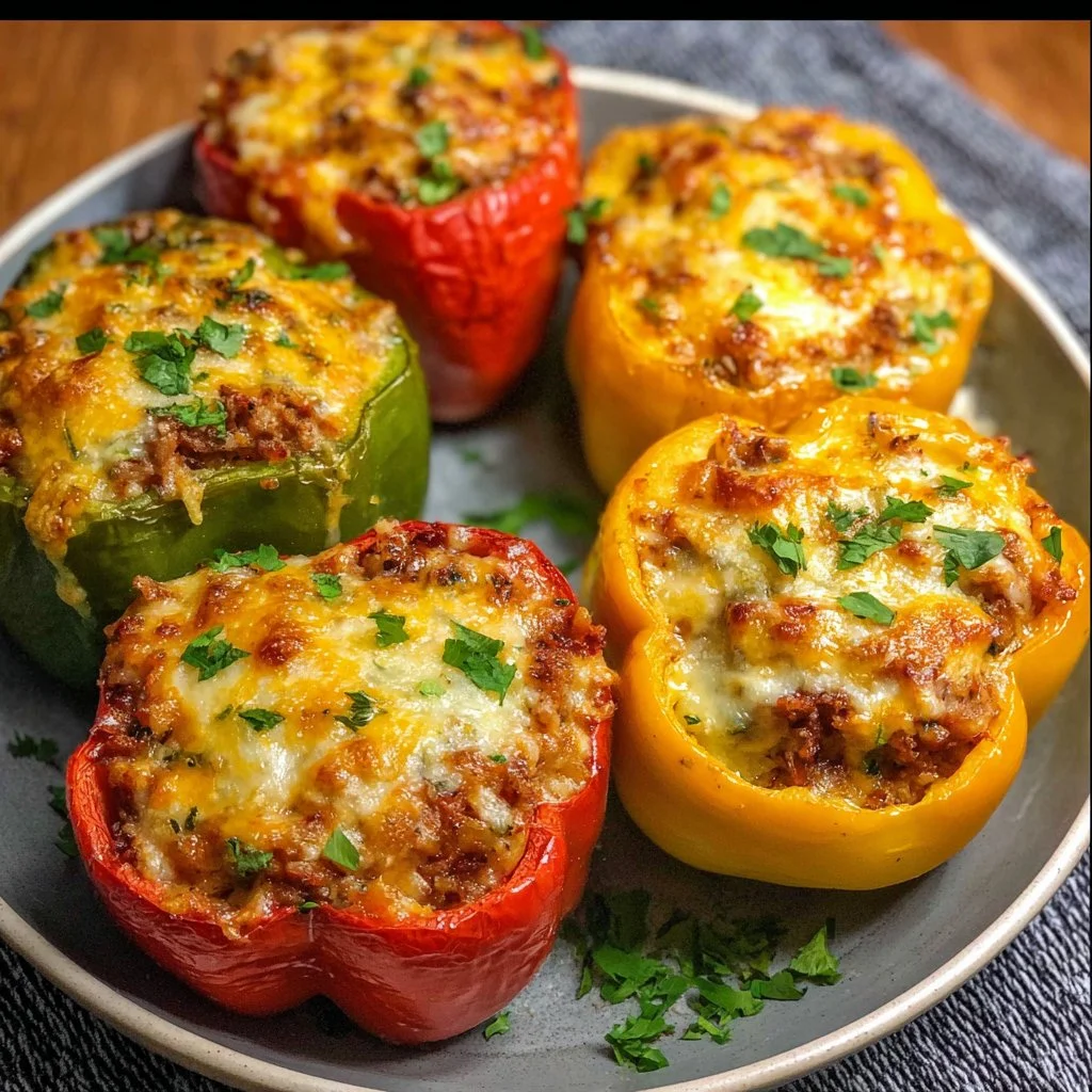 Colorful stuffed bell peppers filled with rice, veggies, and spices