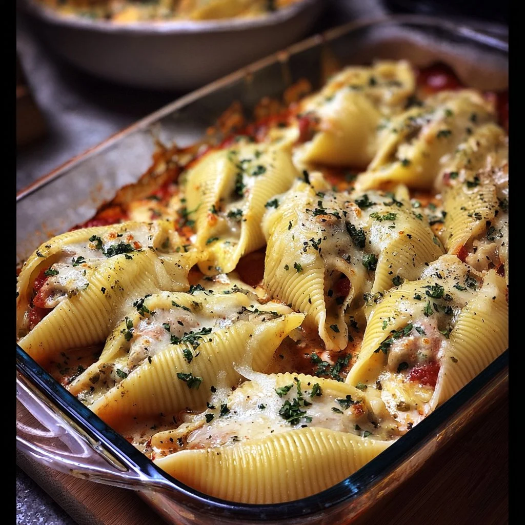 Plate of stuffed jumbo pasta shells filled with cheese and topped with marinara sauce