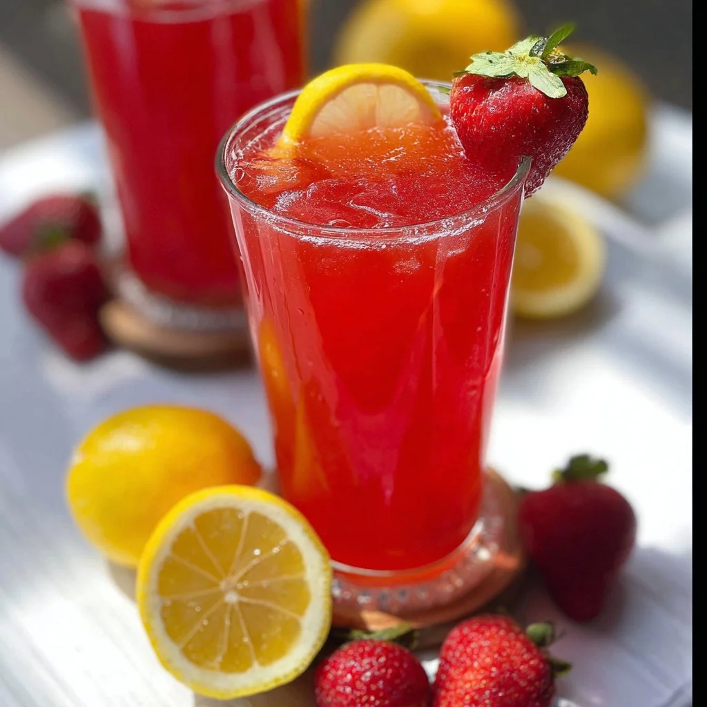 Refreshing hibiscus tea strawberry-lemonade drink served in a glass with ice.