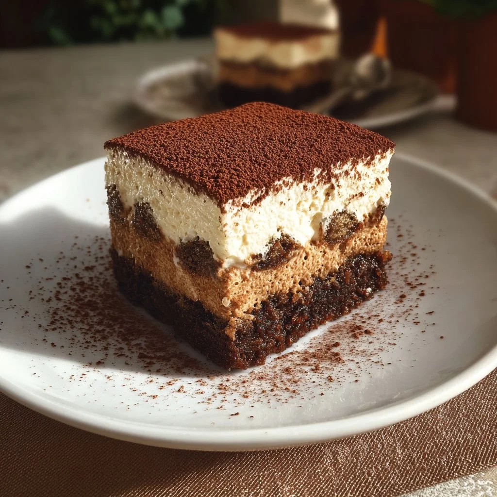 Delicious tiramisu brownies topped with cocoa and coffee cream