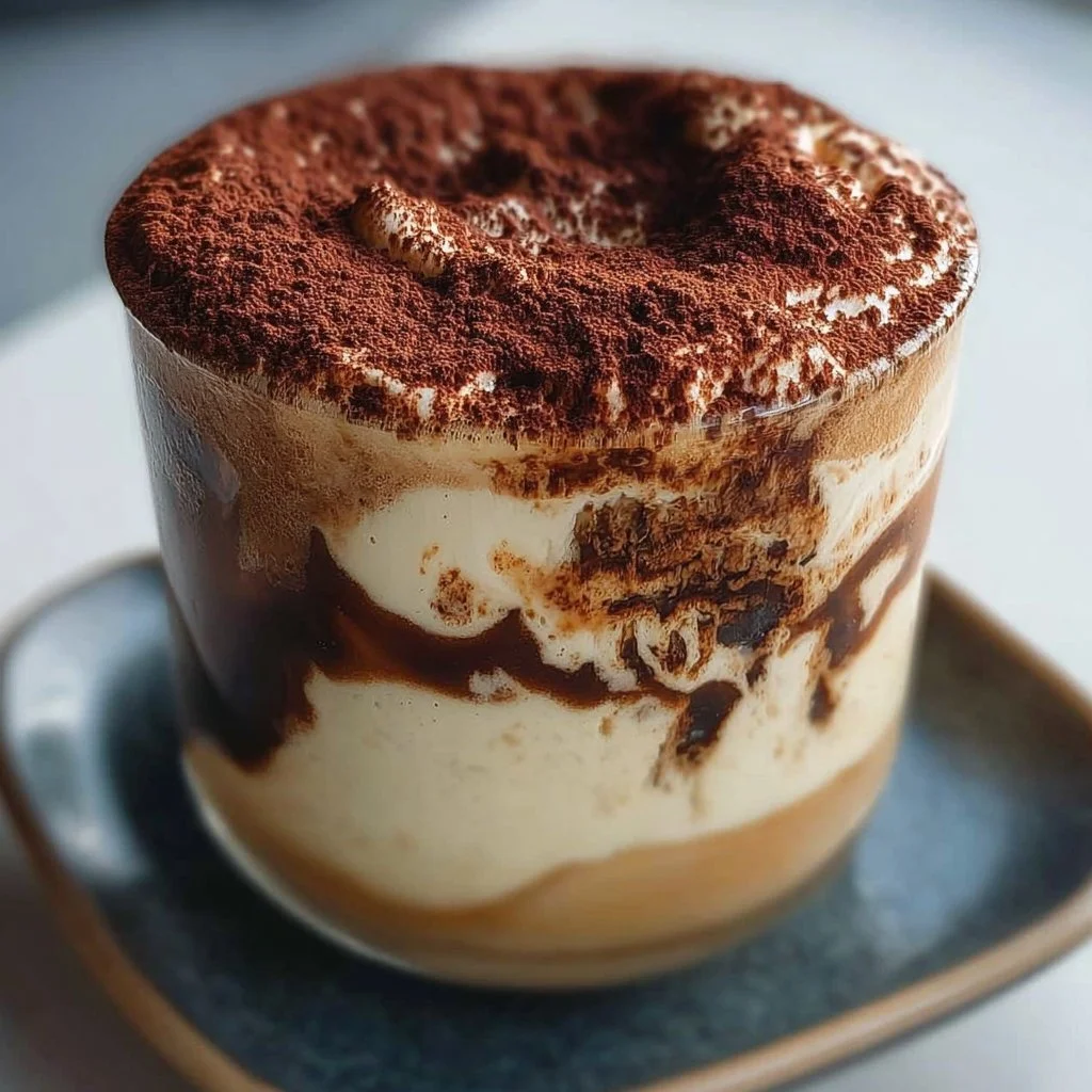 A delicious cup of Tiramisu Cold Brew, garnished with cocoa and whipped cream.