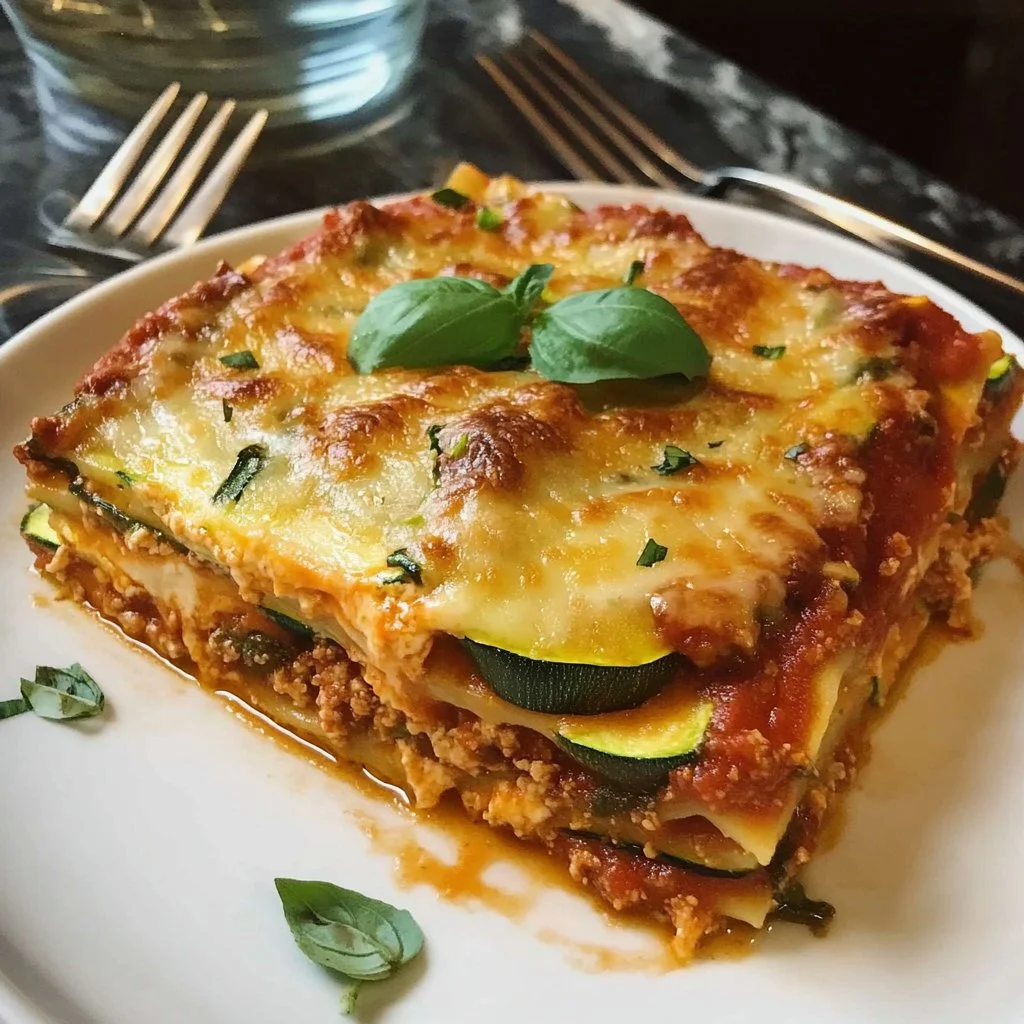 Ultimate low-carb zucchini lasagna served on a plate with fresh herbs