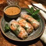 Homemade Vietnamese rice paper rolls with fresh vegetables and herbs
