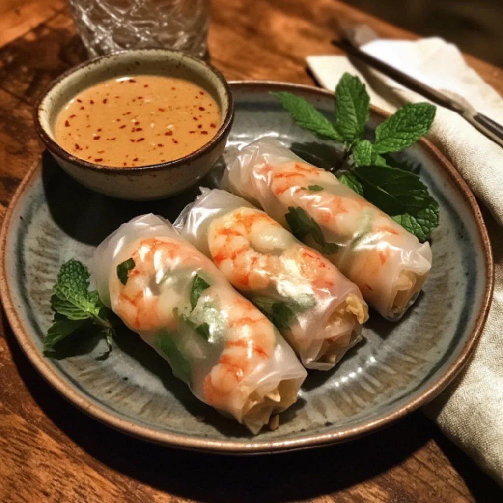 Homemade Vietnamese rice paper rolls with fresh vegetables and herbs