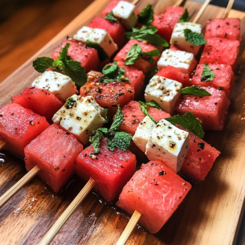 Delicious watermelon skewers with feta cheese and mint leaves for a fresh appetizer