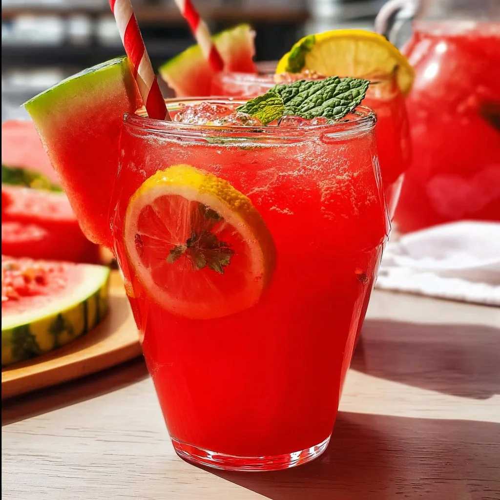 A refreshing glass of watermelon lemonade with fresh watermelon slices