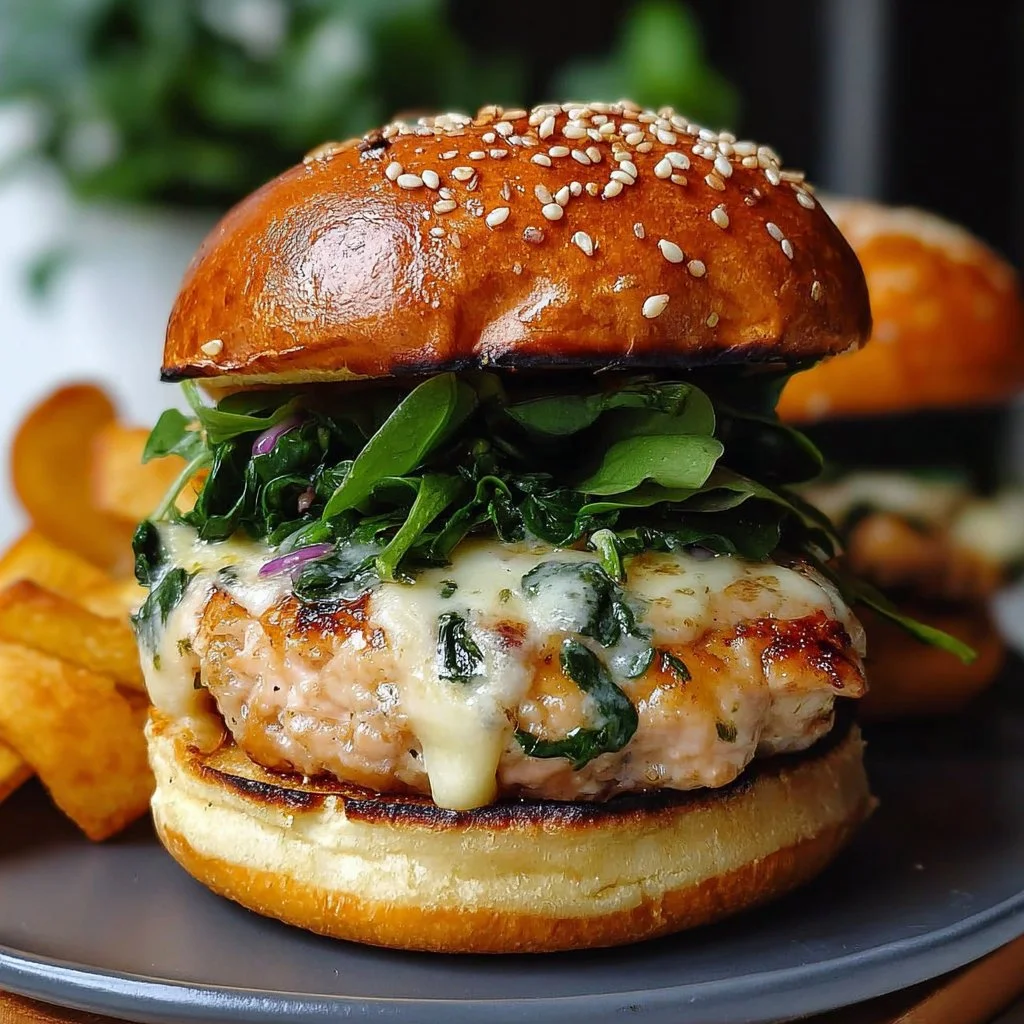 White Cheddar and Spinach Chicken Burgers on a plate garnished with fresh spinach.