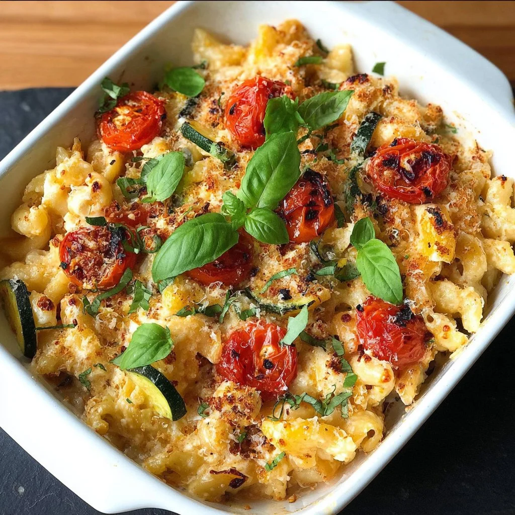 Delicious baked feta pasta with tomatoes and basil ready to serve
