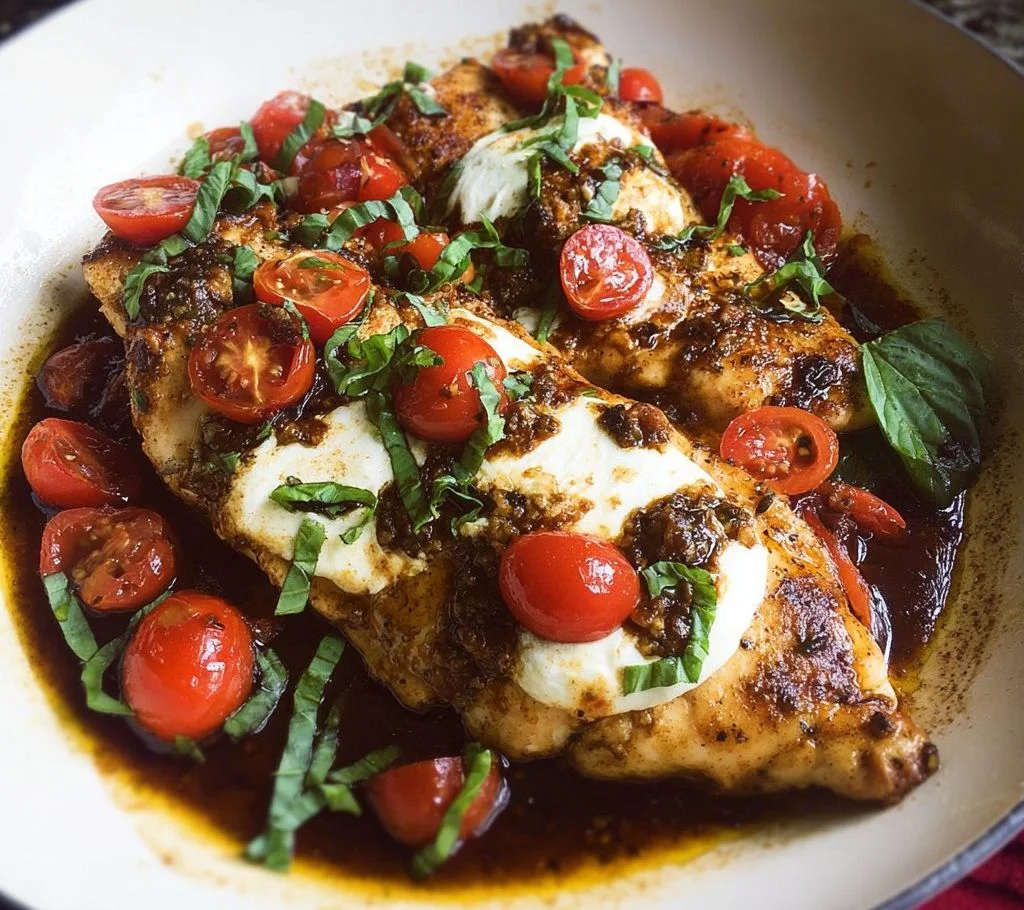 Balsamic chicken with tomatoes and mozzarella on a plate
