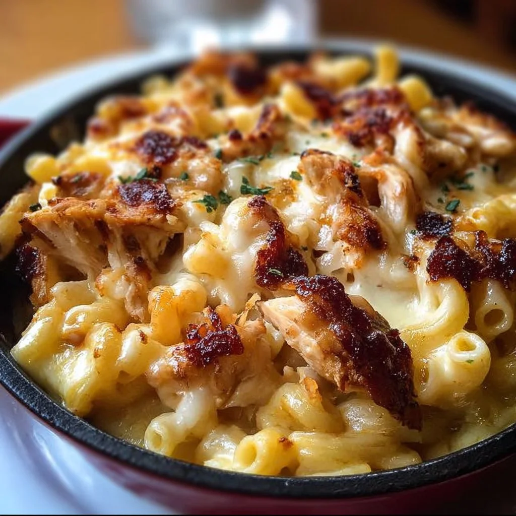 Delicious BBQ Chicken Mac and Cheese served in a skillet
