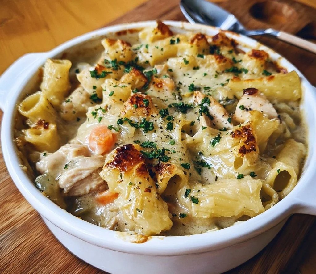 Delicious Chicken Pot Pie Pasta served in a bowl