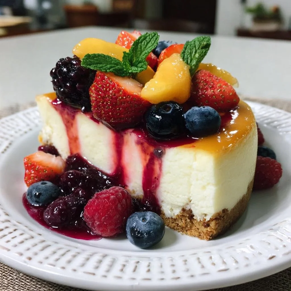 Delicious fruit topped cheesecake with colorful berries and whipped cream