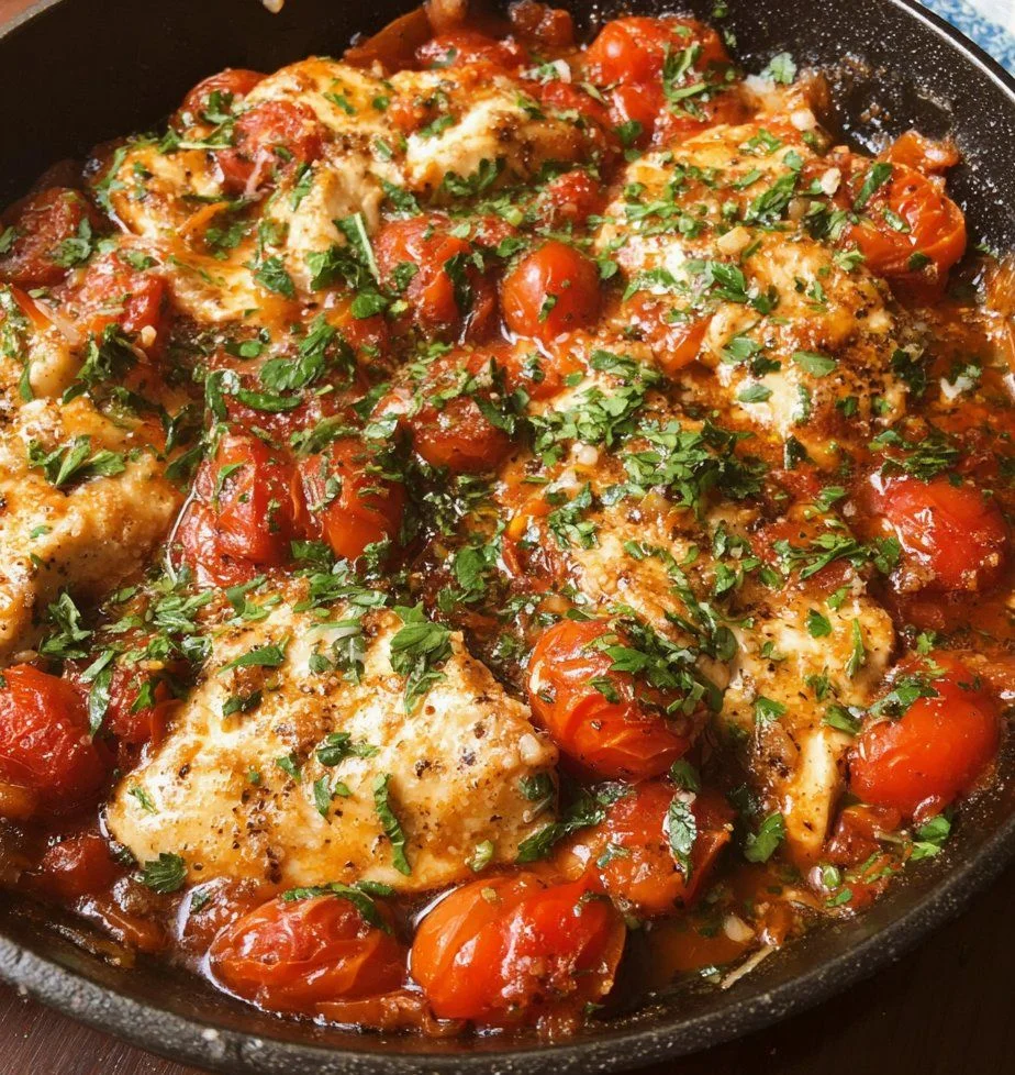Healthy chicken pomodoro skillet with fresh tomatoes and herbs
