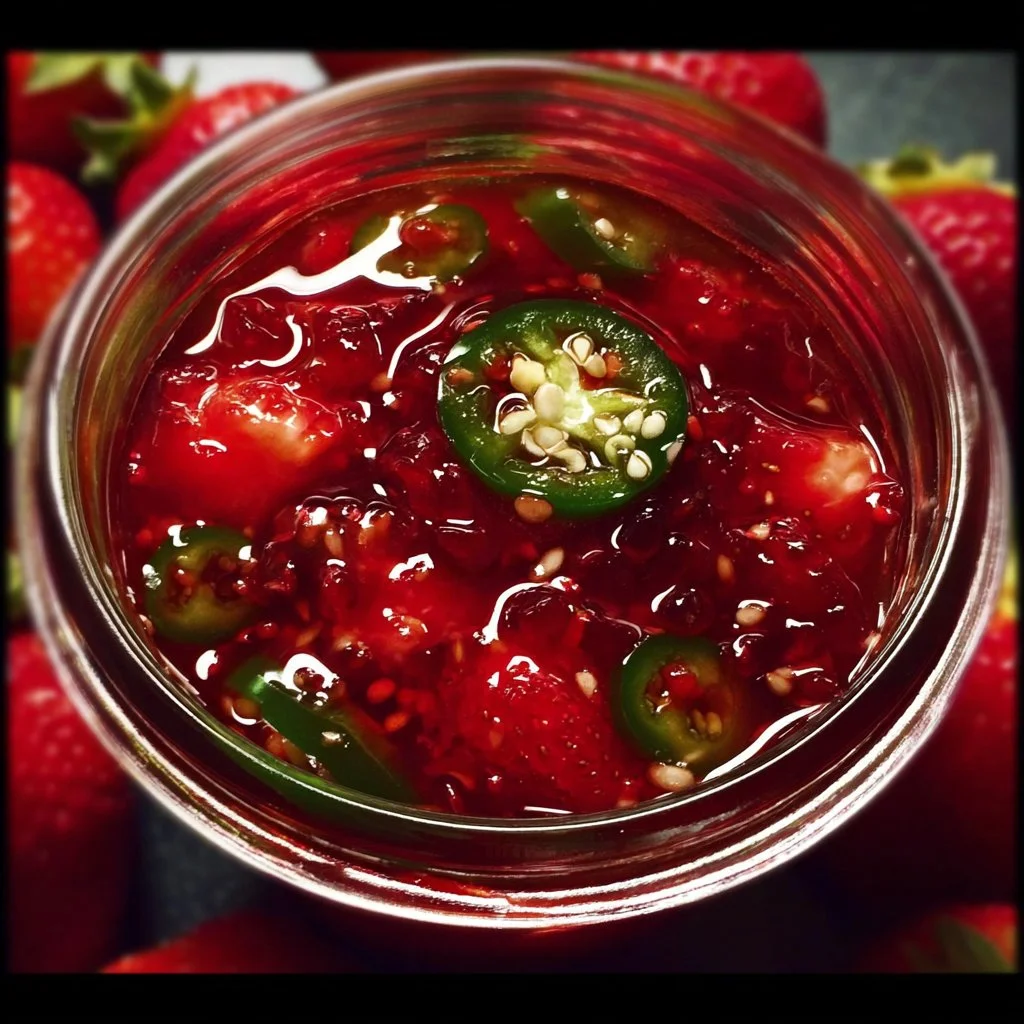 Jar of homemade jalapeño strawberry jam with strawberries and jalapeños in the background.