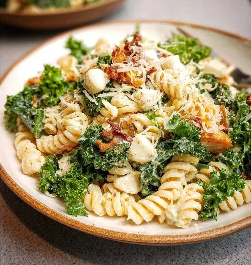 Bowl of Kale Caesar Pasta Salad with dressing and toppings