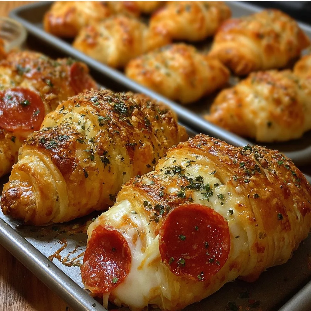 Mozzarella pepperoni croissant rolls on a wooden table.