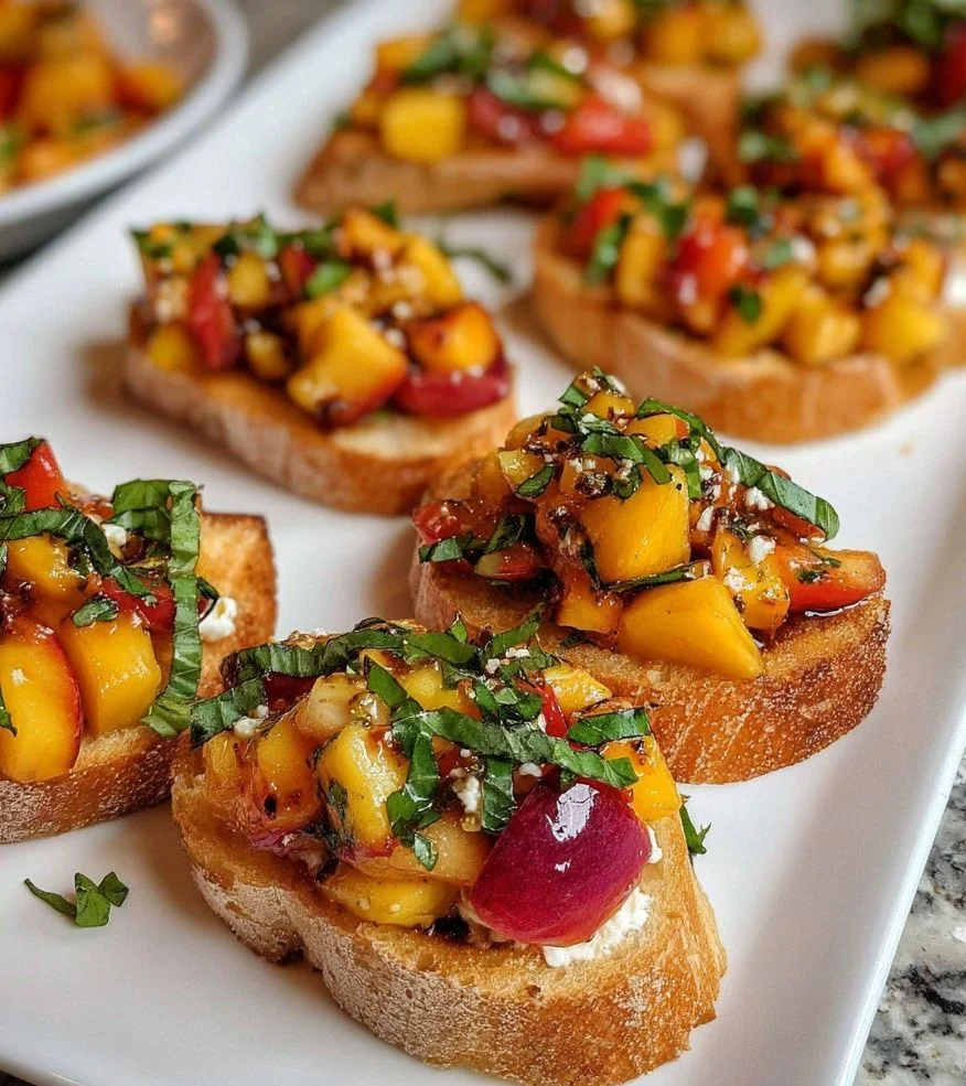 Delicious Peach Bruschetta topped with fresh basil and creamy cheese.