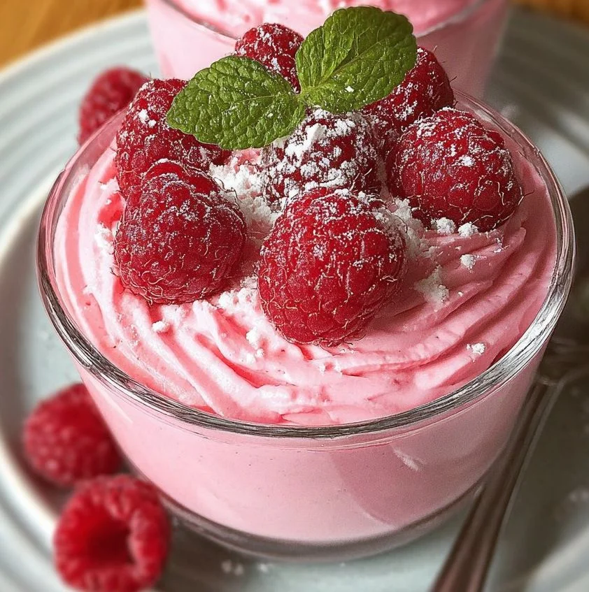Creamy Raspberry Cottage Cheese Mousse served in a bowl with fresh raspberries