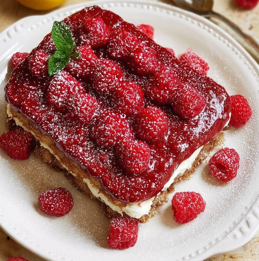 Delicious raspberry tiramisu dessert with fresh raspberries and cocoa powder.