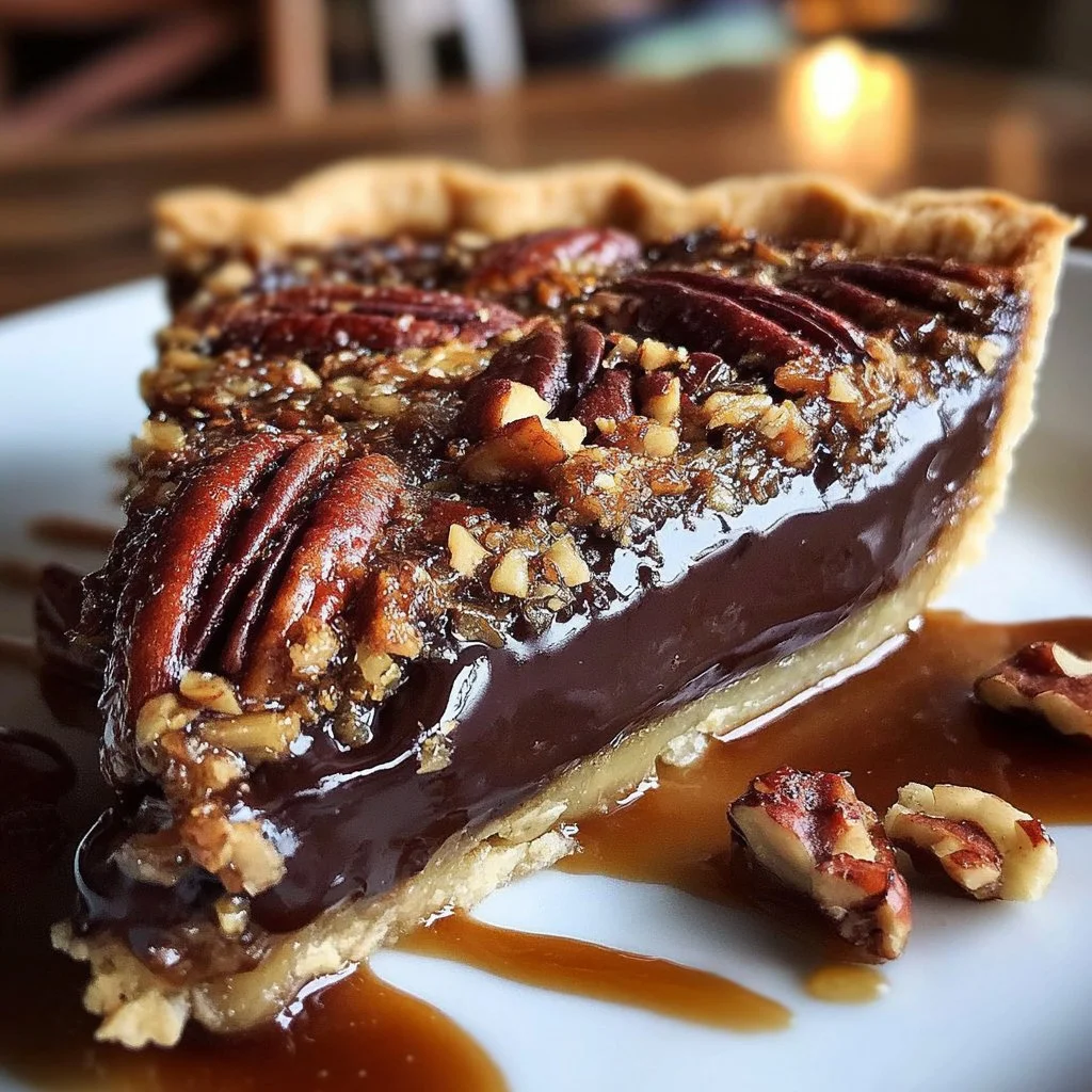 Delicious slice of Texas Chocolate Pecan Pie topped with pecans and chocolate