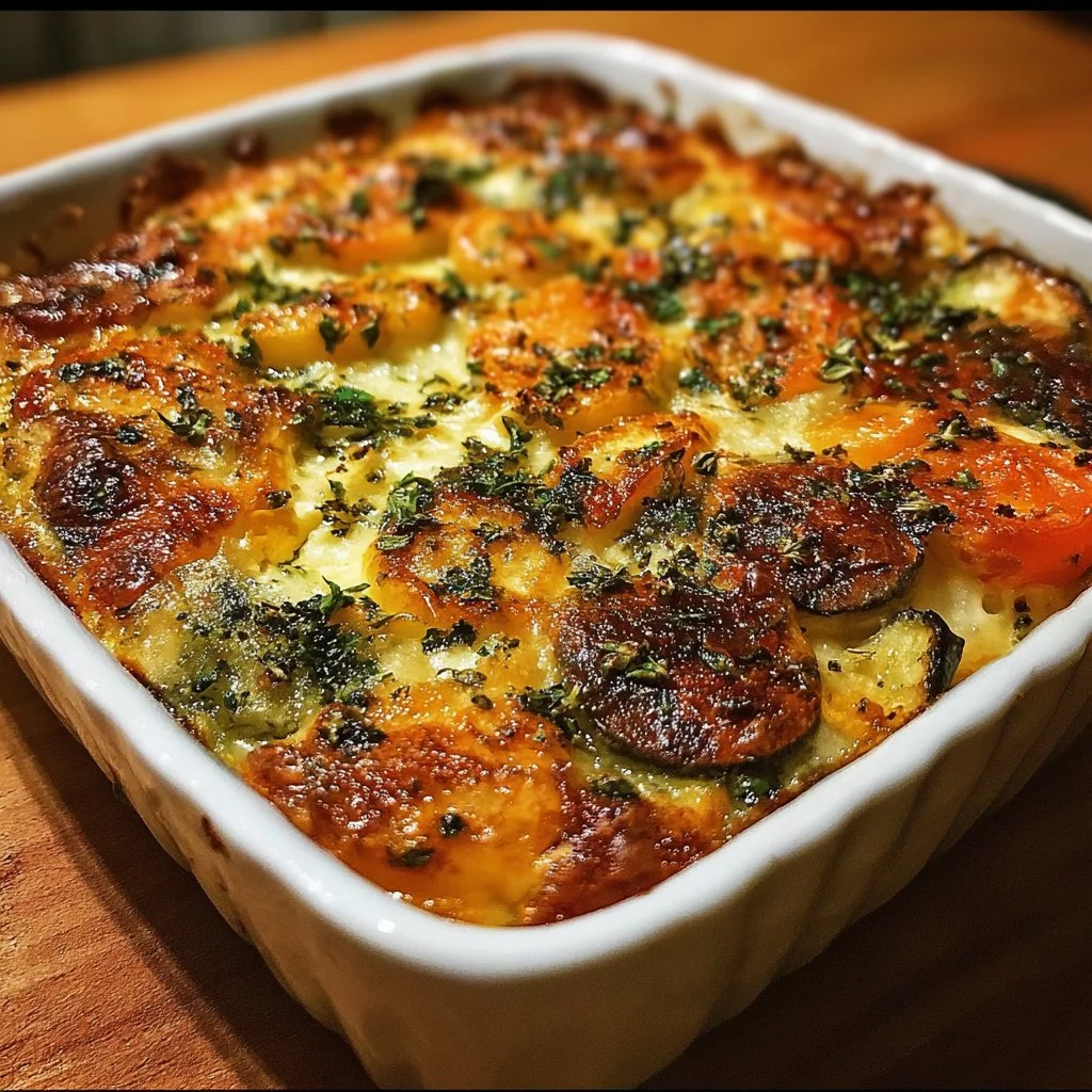 Vegetable cottage cheese casserole topped with herbs and spices.