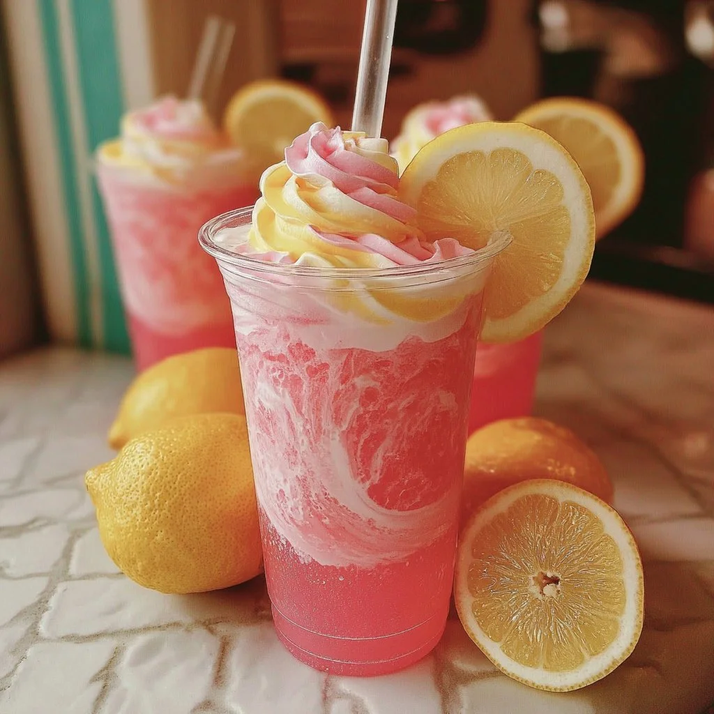 Delicious whipped pink lemonade in a glass, garnished with a lemon slice and mint.