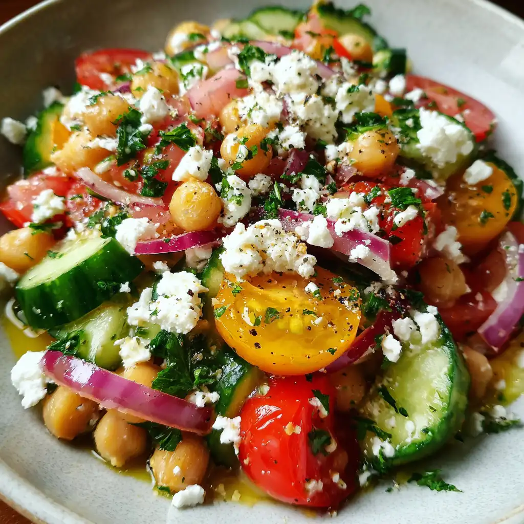 Cucumber Tomato Chickpea Salad with Feta Recipe