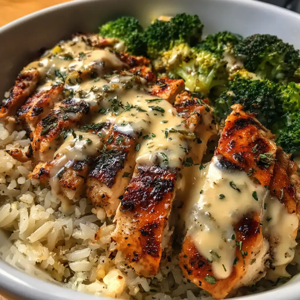 Grilled Chicken Broccoli Bowls with Garlic Sauce