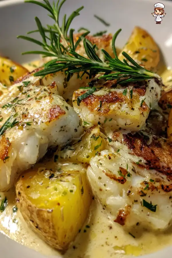 Preparation of Cod and Potatoes in Rosemary Cream Sauce