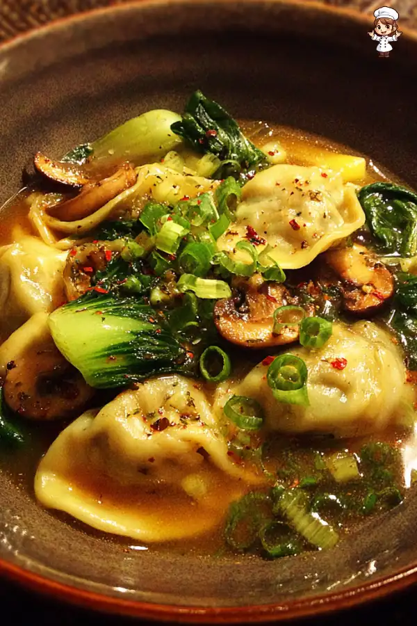 Preparation of Potsticker Soup with Mushrooms and Bok Choy