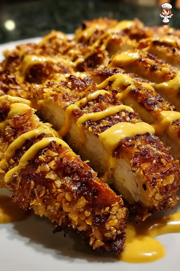 Preparation of Pretzel Chicken with Mustard Cheddar Sauce