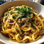 Creamy Parmesan Beef Linguine with Garlic Butter Sauce