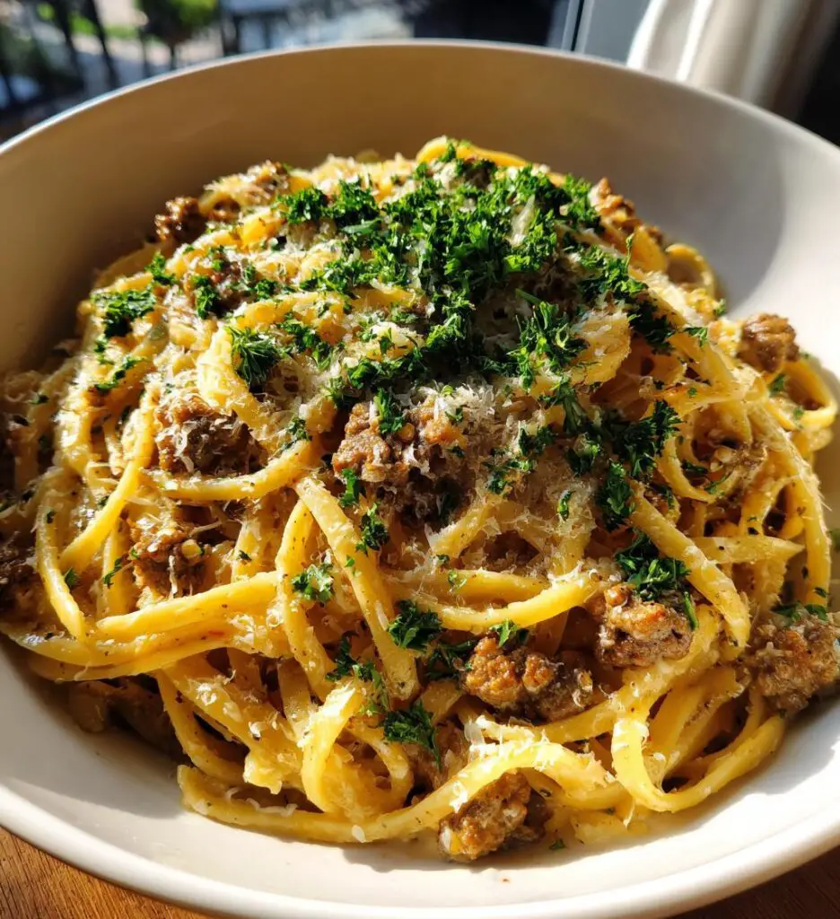 Creamy Parmesan Beef Linguine with Garlic Butter Sauce