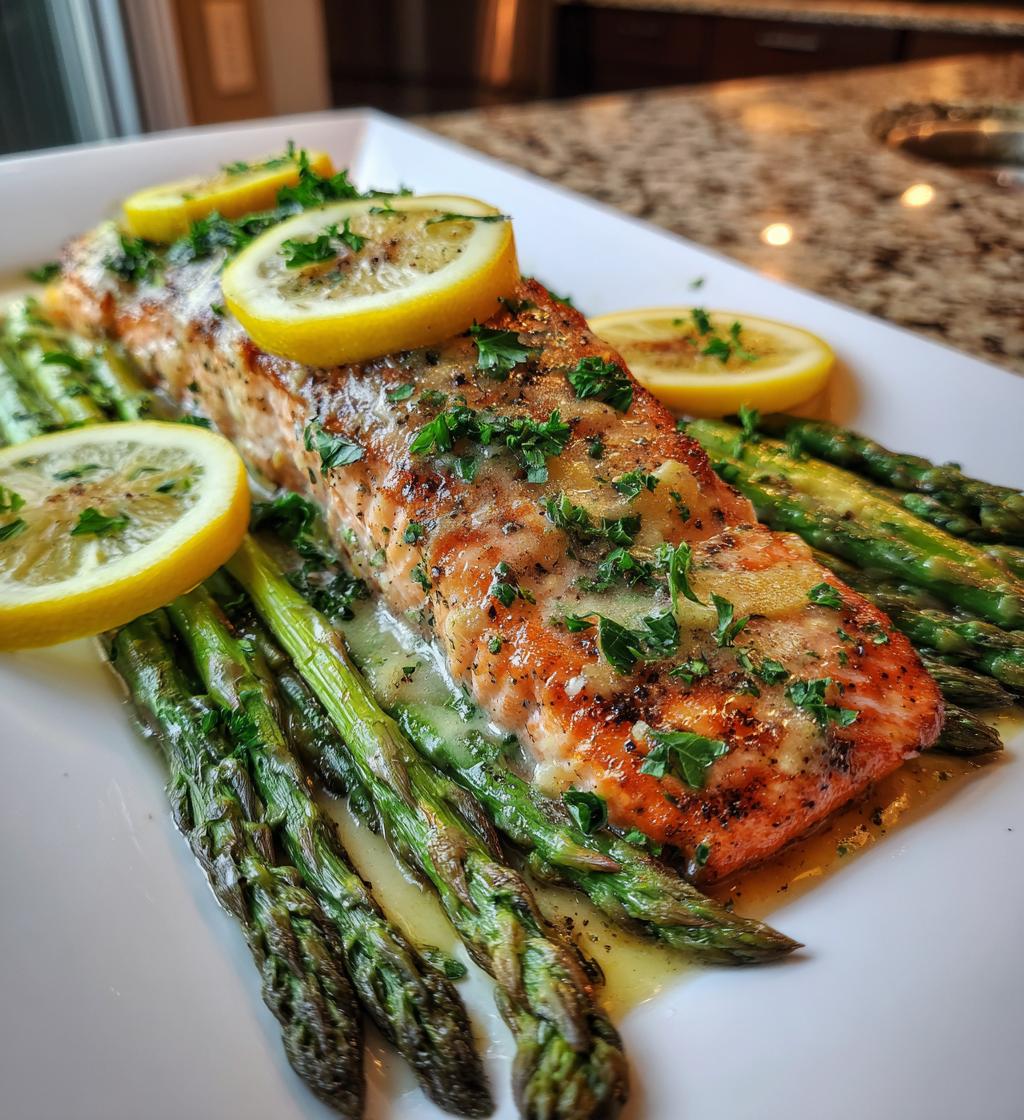 baked salmon in foil with asparagus and garlic butter sauce - detail 1