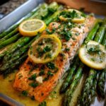baked salmon in foil with asparagus and garlic butter sauce