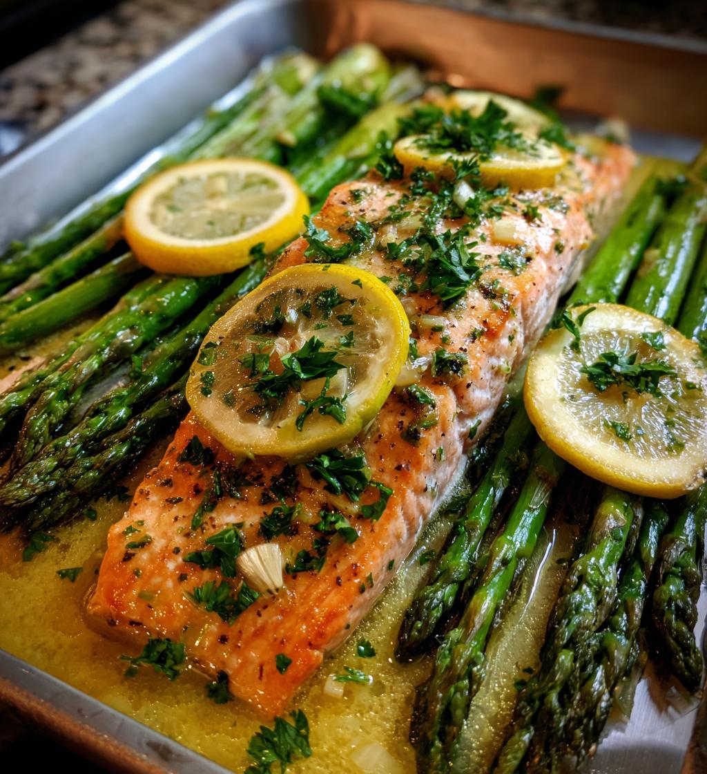 baked salmon in foil with asparagus and garlic butter sauce