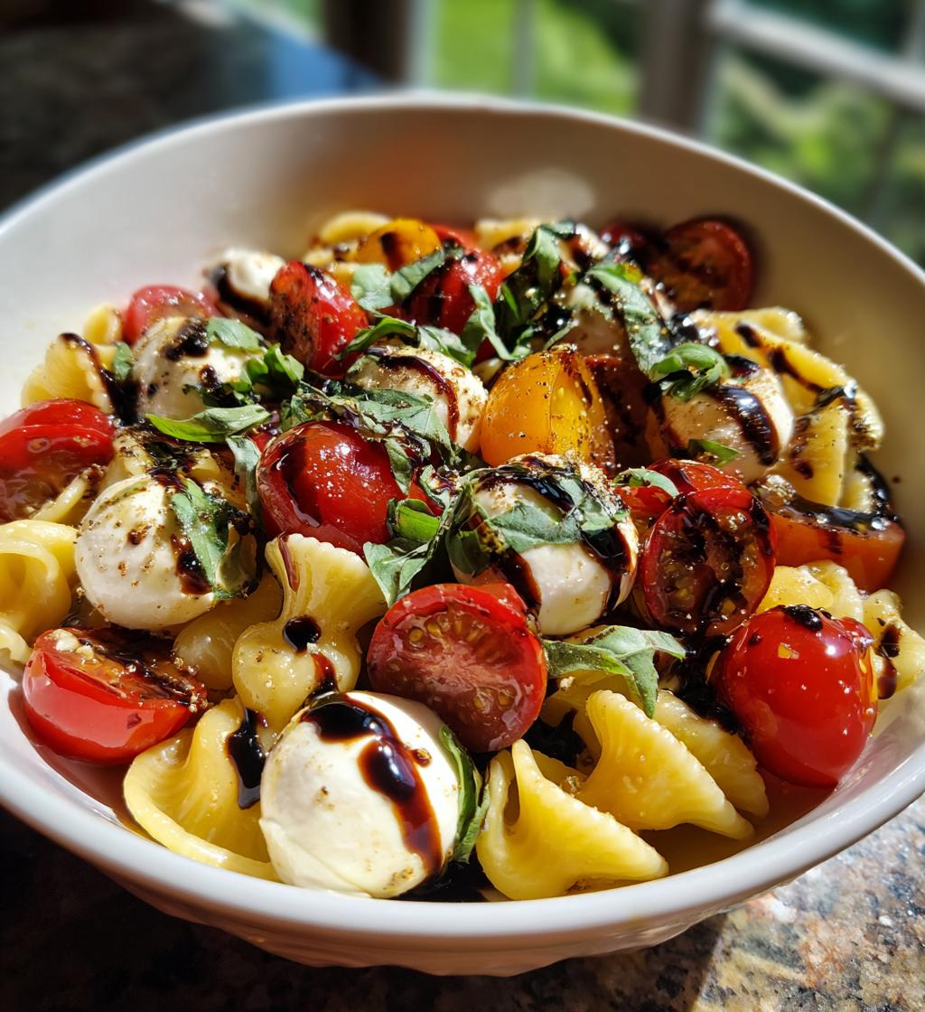 caprese pasta salad with balsamic glaze - detail 1