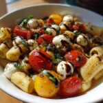 caprese pasta salad with balsamic glaze