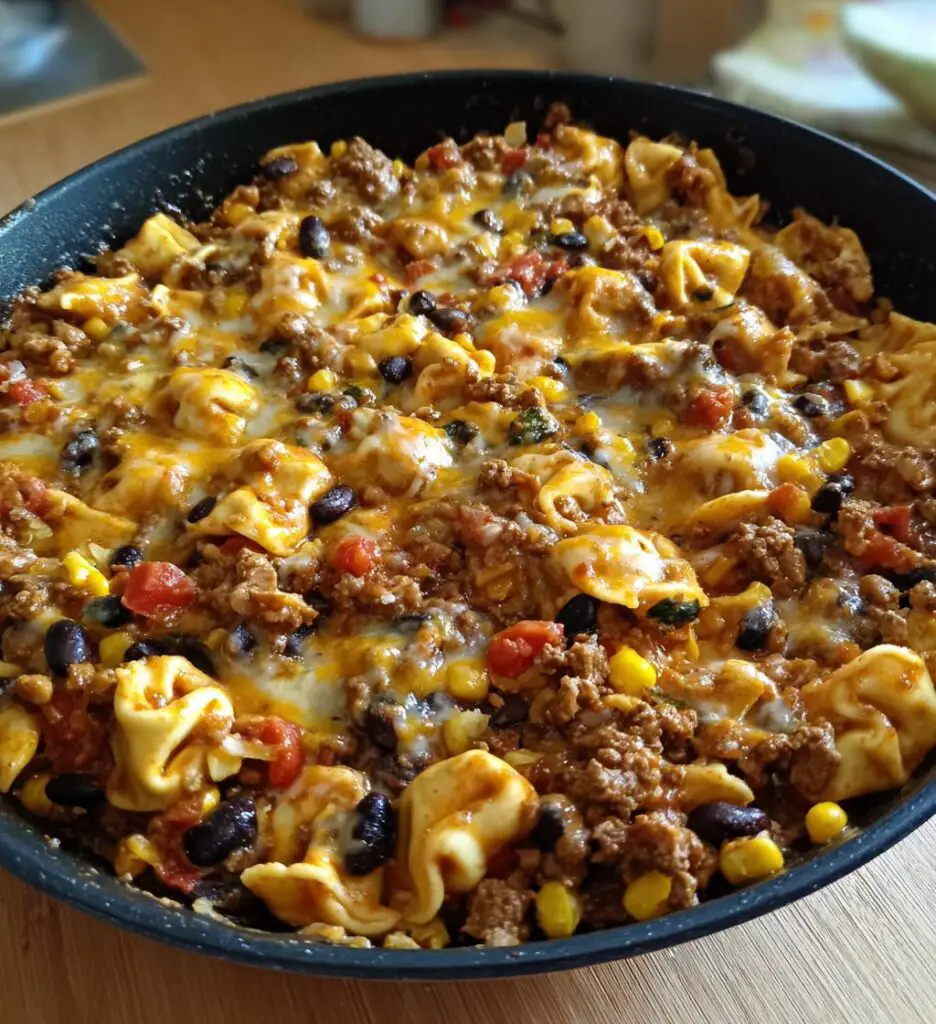 cheesy beef enchilada tortellini skillet