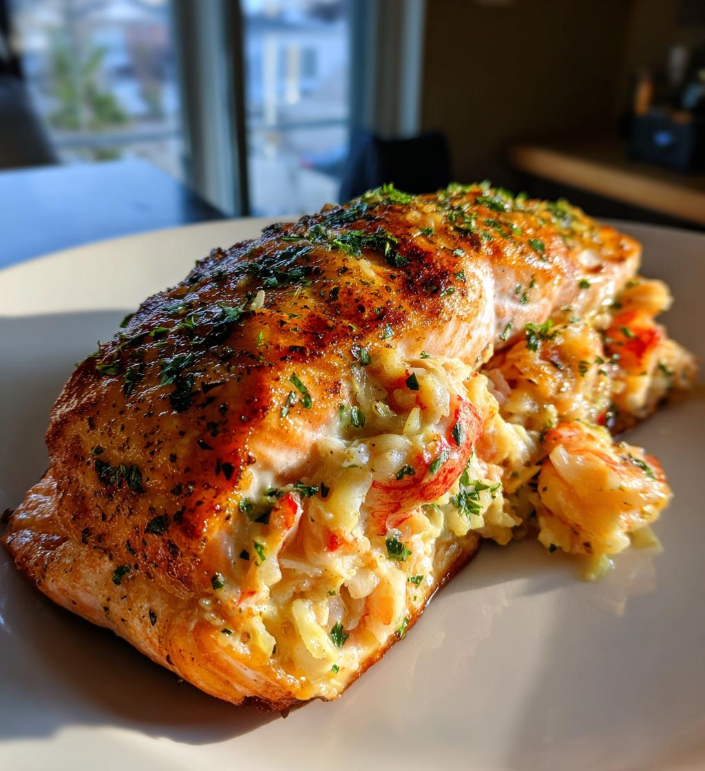 crab and shrimp stuffed salmon - detail 1